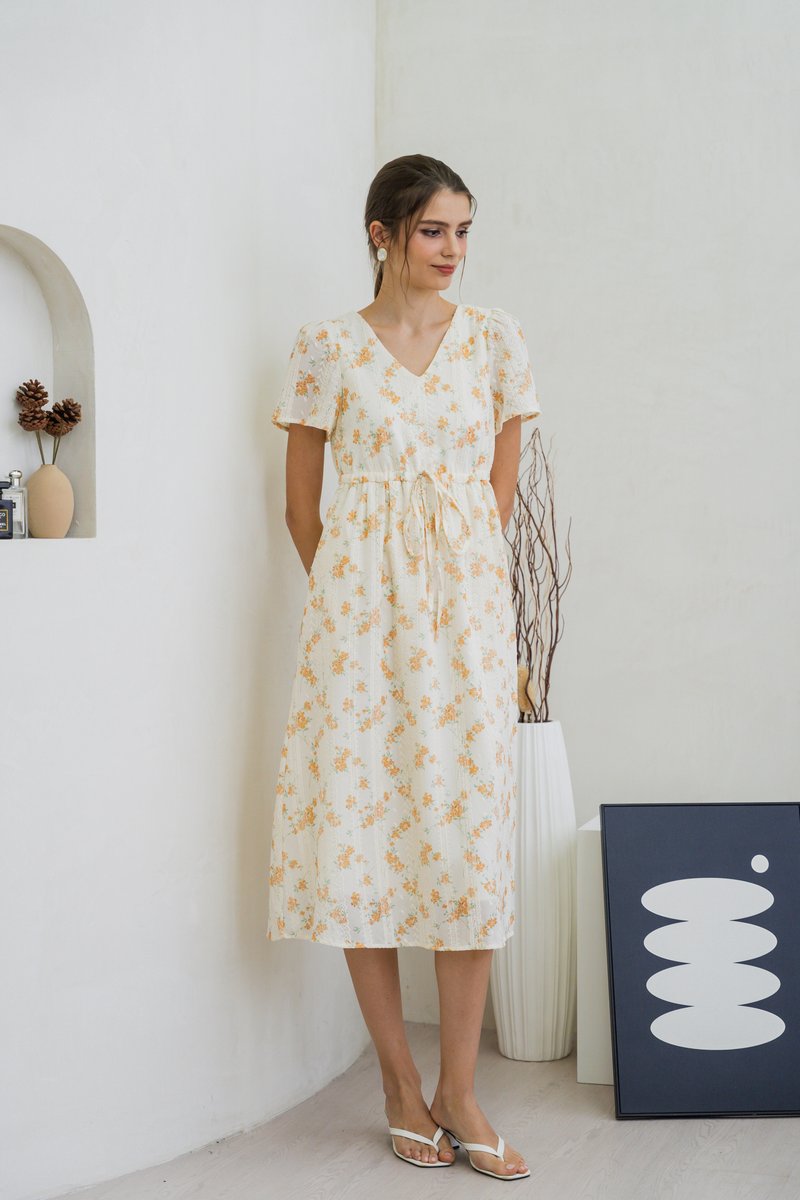 Coretta Eyelet Embroidery Drawstring Maxi Dress In Yellow (XS)