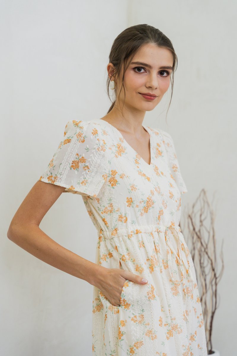 Coretta Eyelet Embroidery Drawstring Maxi Dress In Yellow (XS)