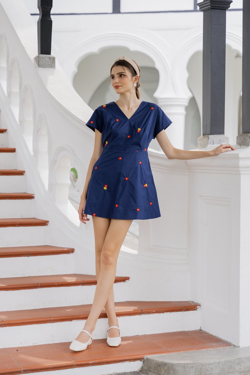Dalia Overlap Embroidery Dress Romper In Navy (XS)