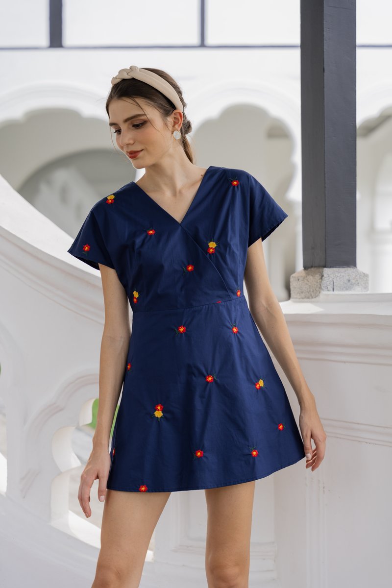Dalia Overlap Embroidery Dress Romper In Navy (XS)