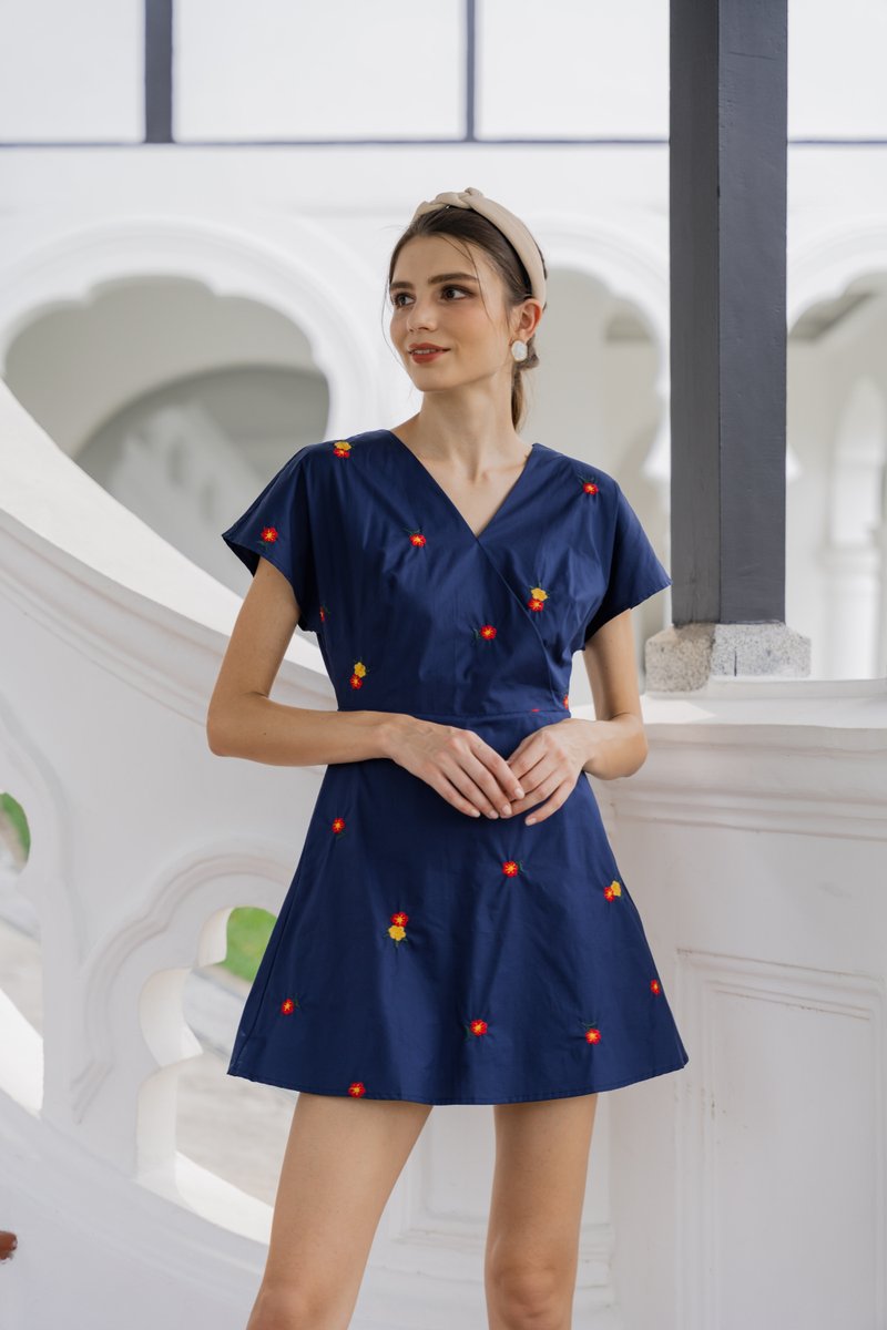 Dalia Overlap Embroidery Dress Romper In Navy (XS)
