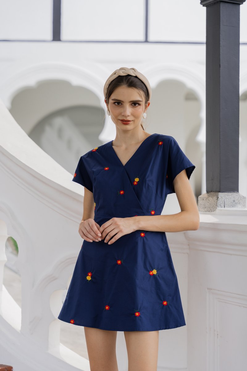 Dalia Overlap Embroidery Dress Romper In Navy (XS)