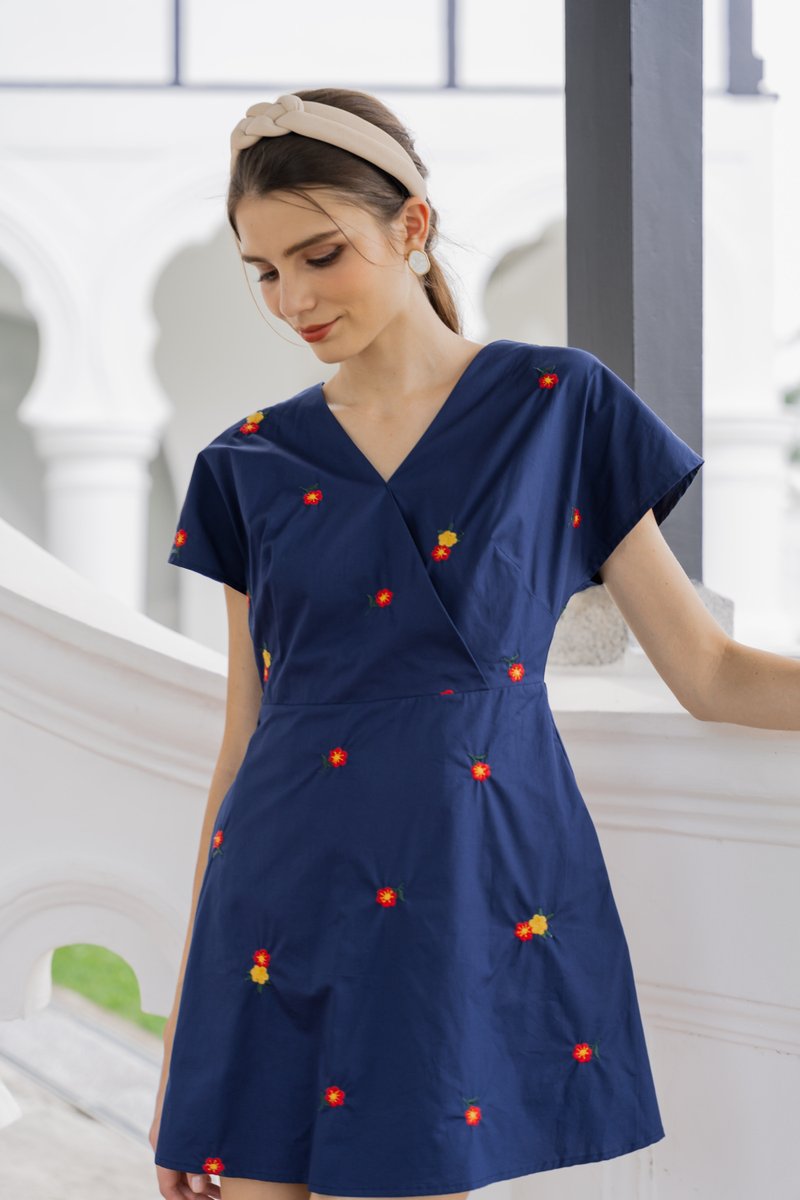 Dalia Overlap Embroidery Dress Romper In Navy (XS)