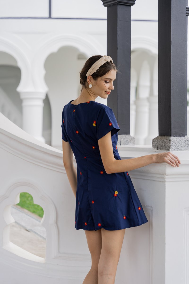 Dalia Overlap Embroidery Dress Romper In Navy (XS)