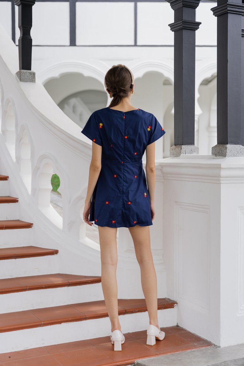 Dalia Overlap Embroidery Dress Romper In Navy (XS)