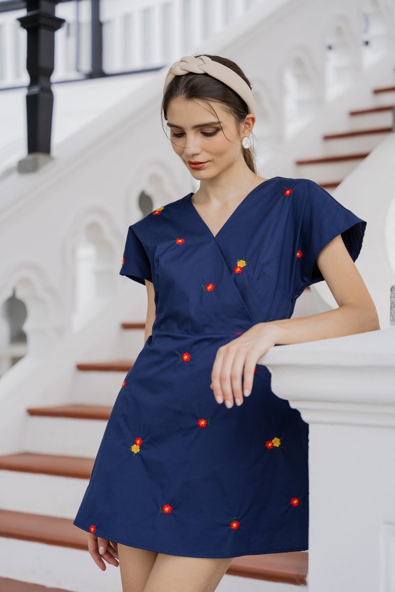 Dalia Overlap Embroidery Dress Romper In Navy (XS)