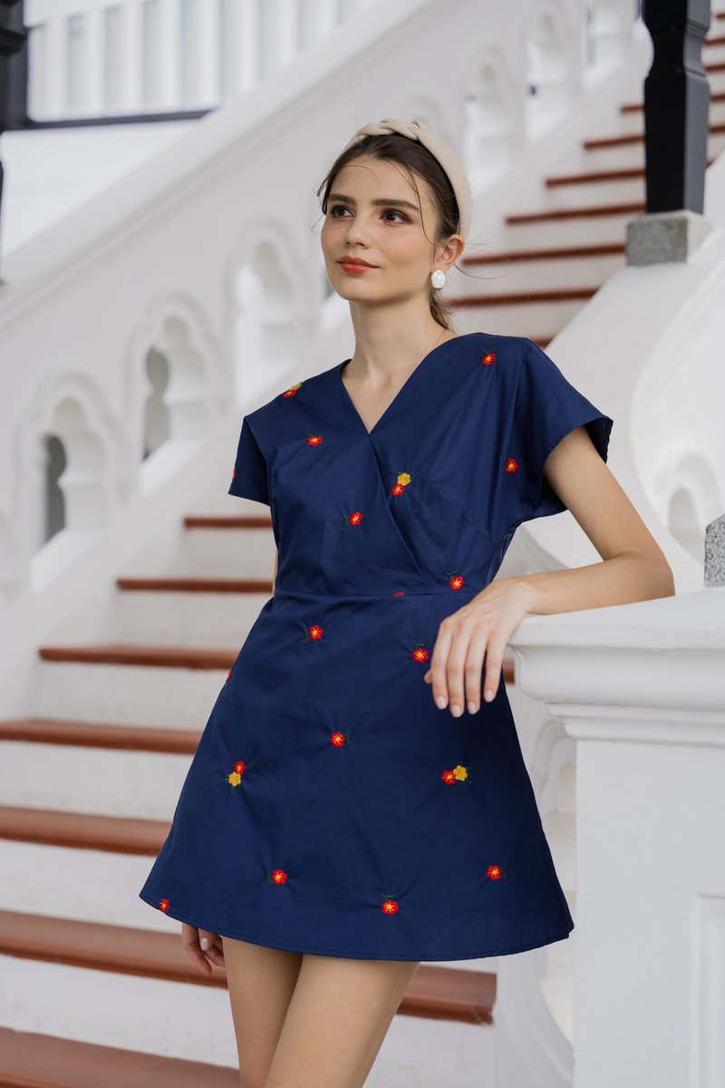 Dalia Overlap Embroidery Dress Romper In Navy (XS)
