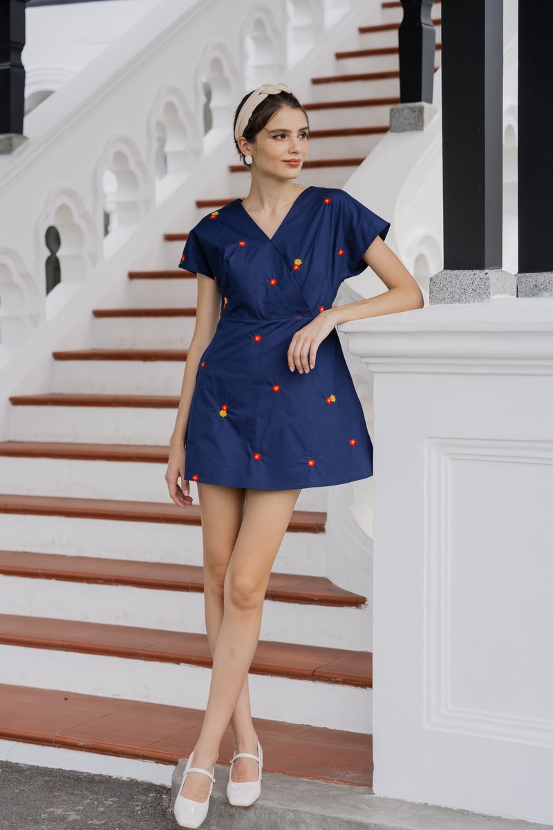 Dalia Overlap Embroidery Dress Romper In Navy (XS)