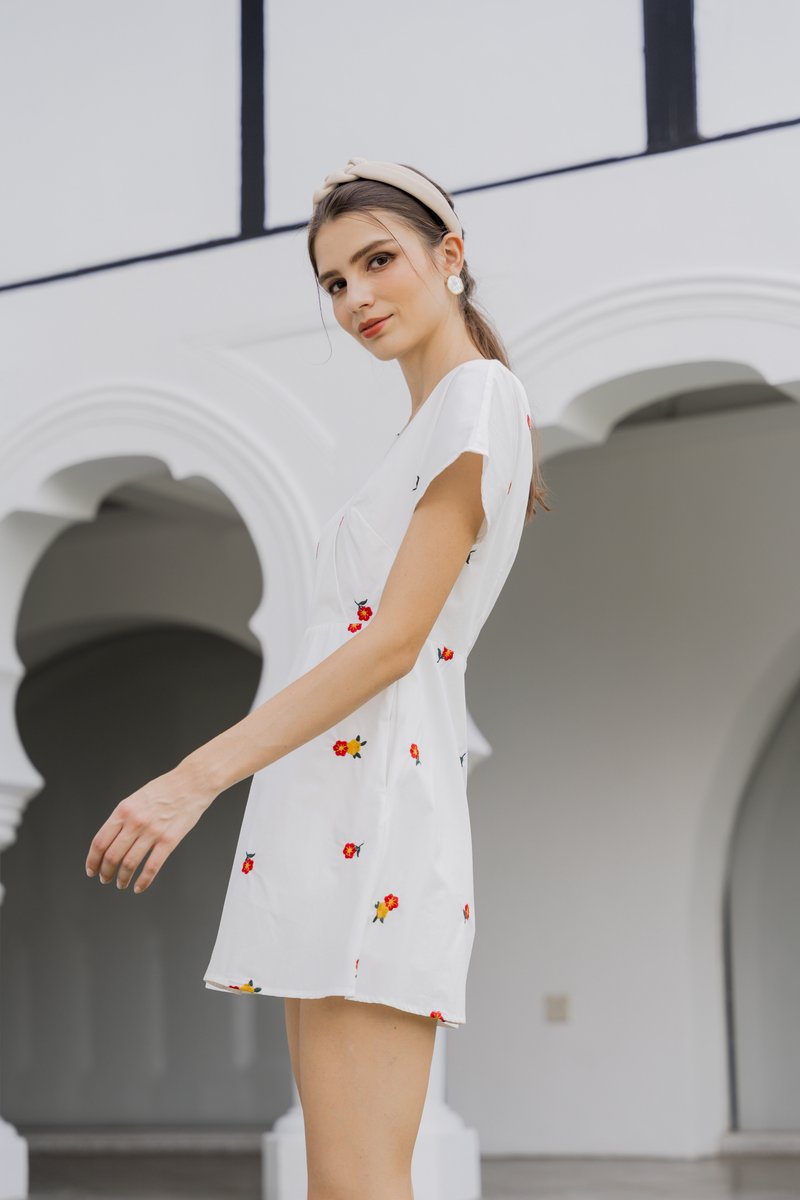 Dalia Overlap Embroidery Dress Romper In White (XS)