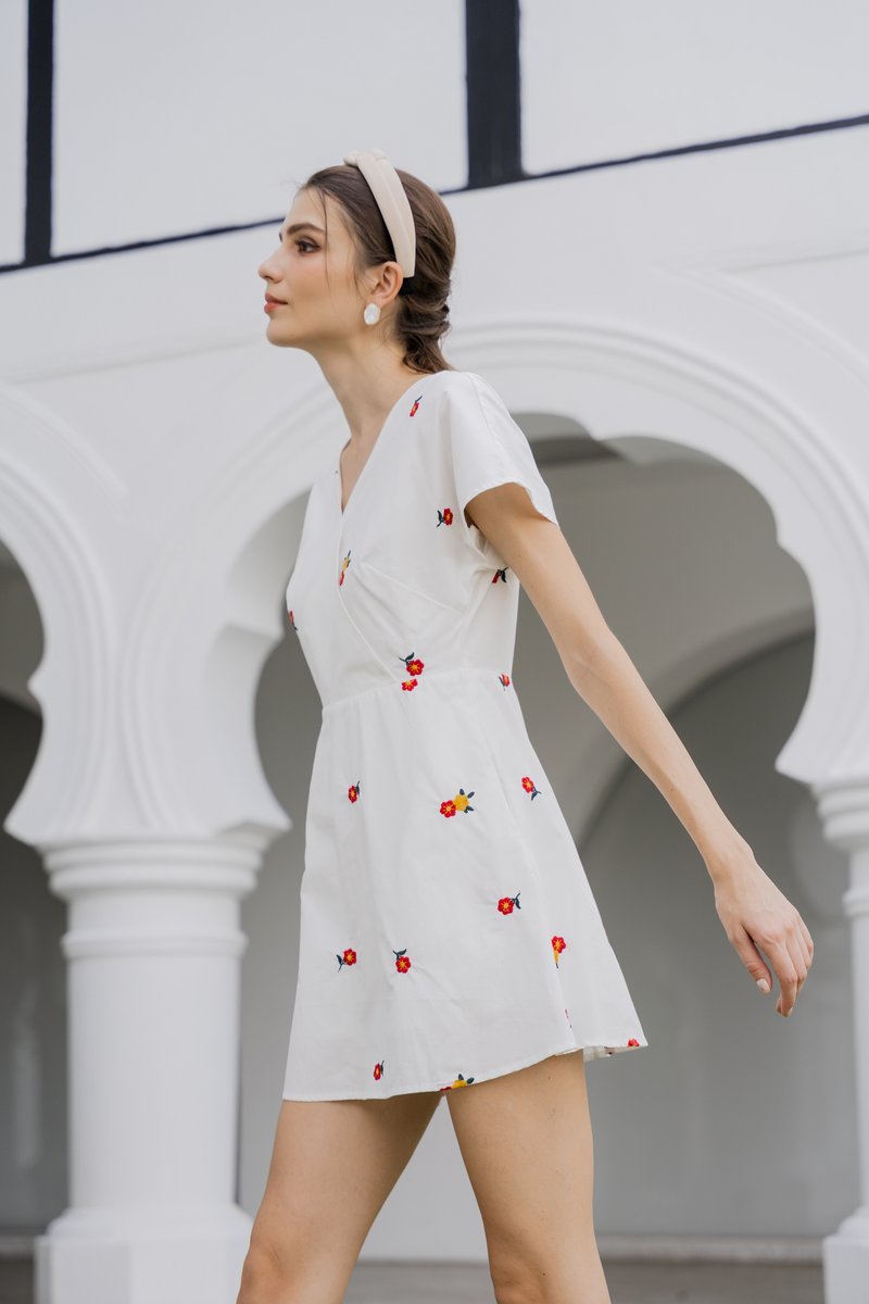 Dalia Overlap Embroidery Dress Romper In White (XS)