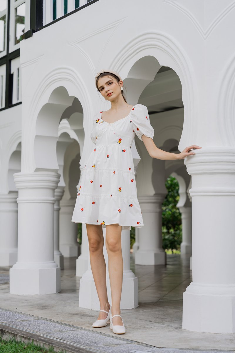 Dalia Puff Sleeves Embroidery Dress In White