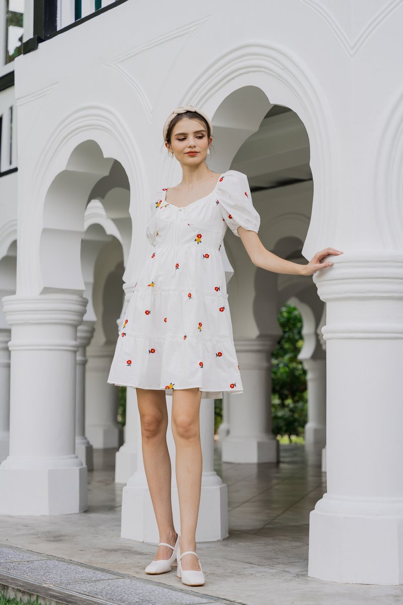 Dalia Puff Sleeves Embroidery Dress In White