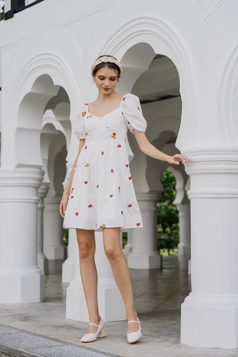 Dalia Puff Sleeves Embroidery Dress In White