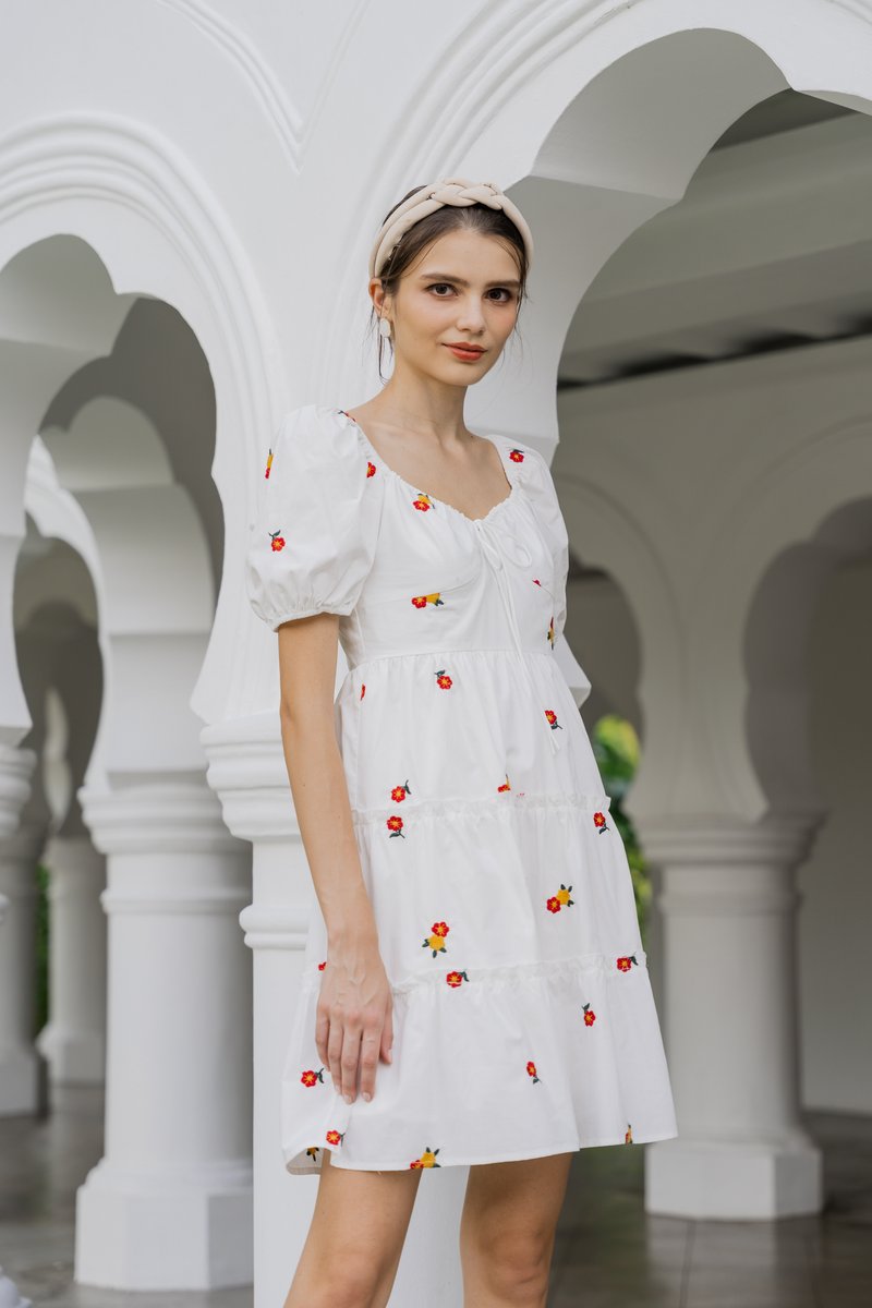 Dalia Puff Sleeves Embroidery Dress In White