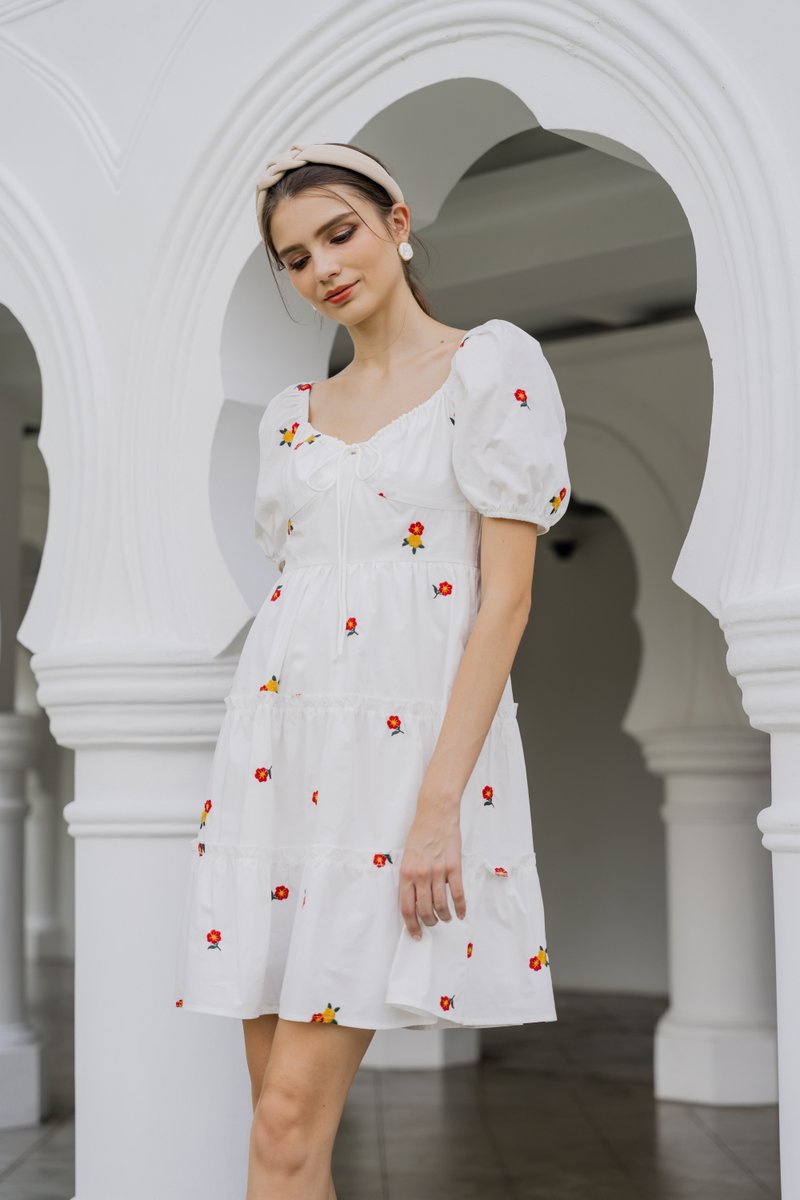 Dalia Puff Sleeves Embroidery Dress In White