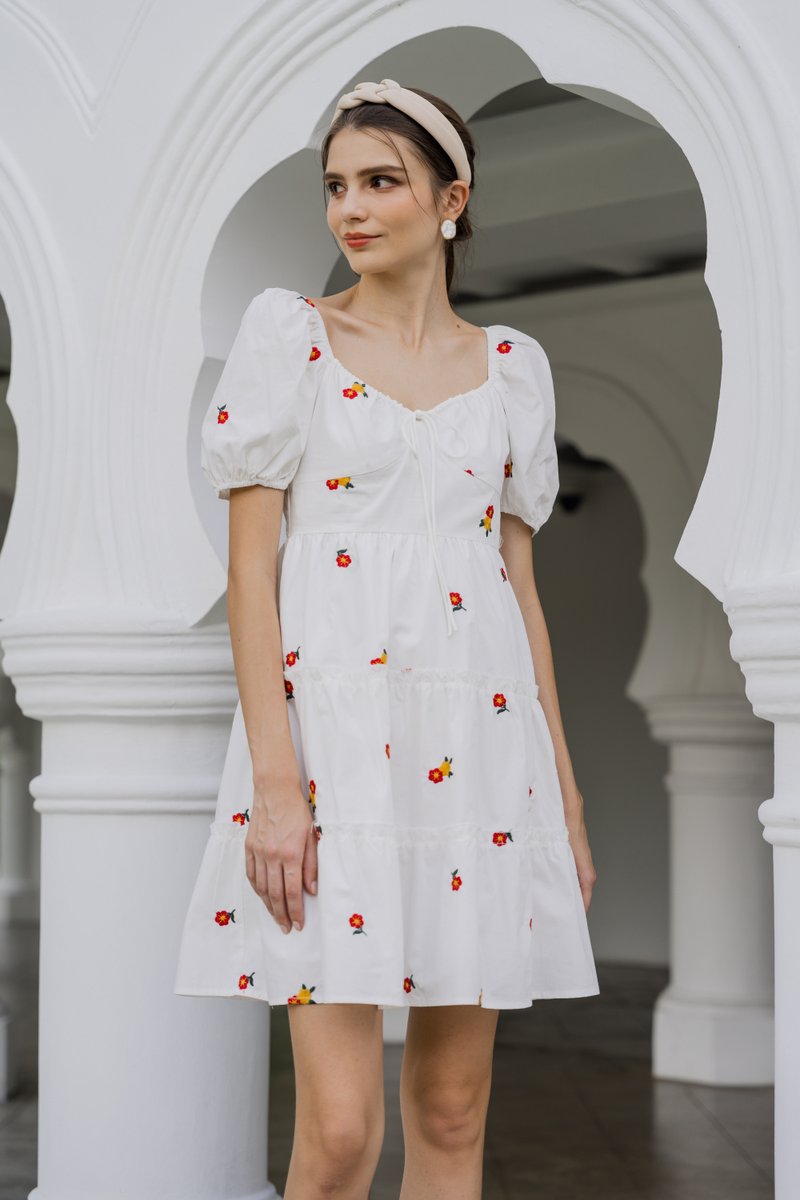 Dalia Puff Sleeves Embroidery Dress In White