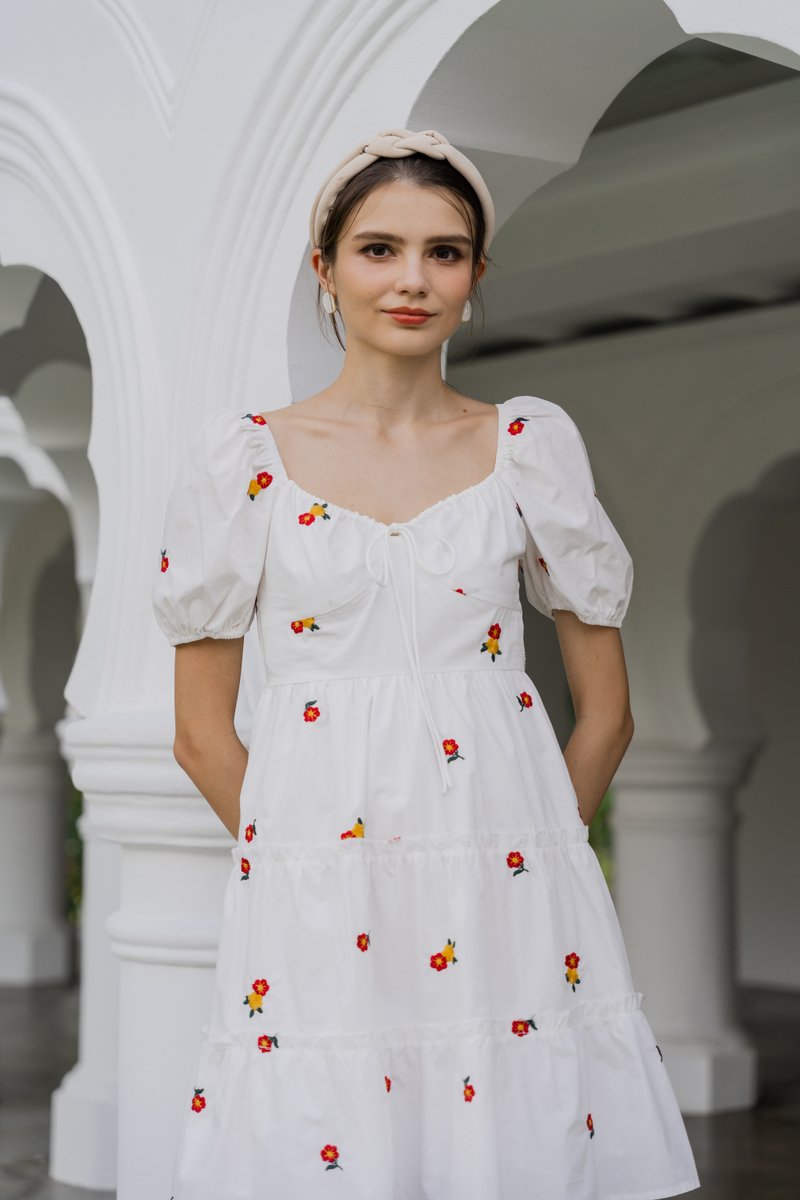 Dalia Puff Sleeves Embroidery Dress In White