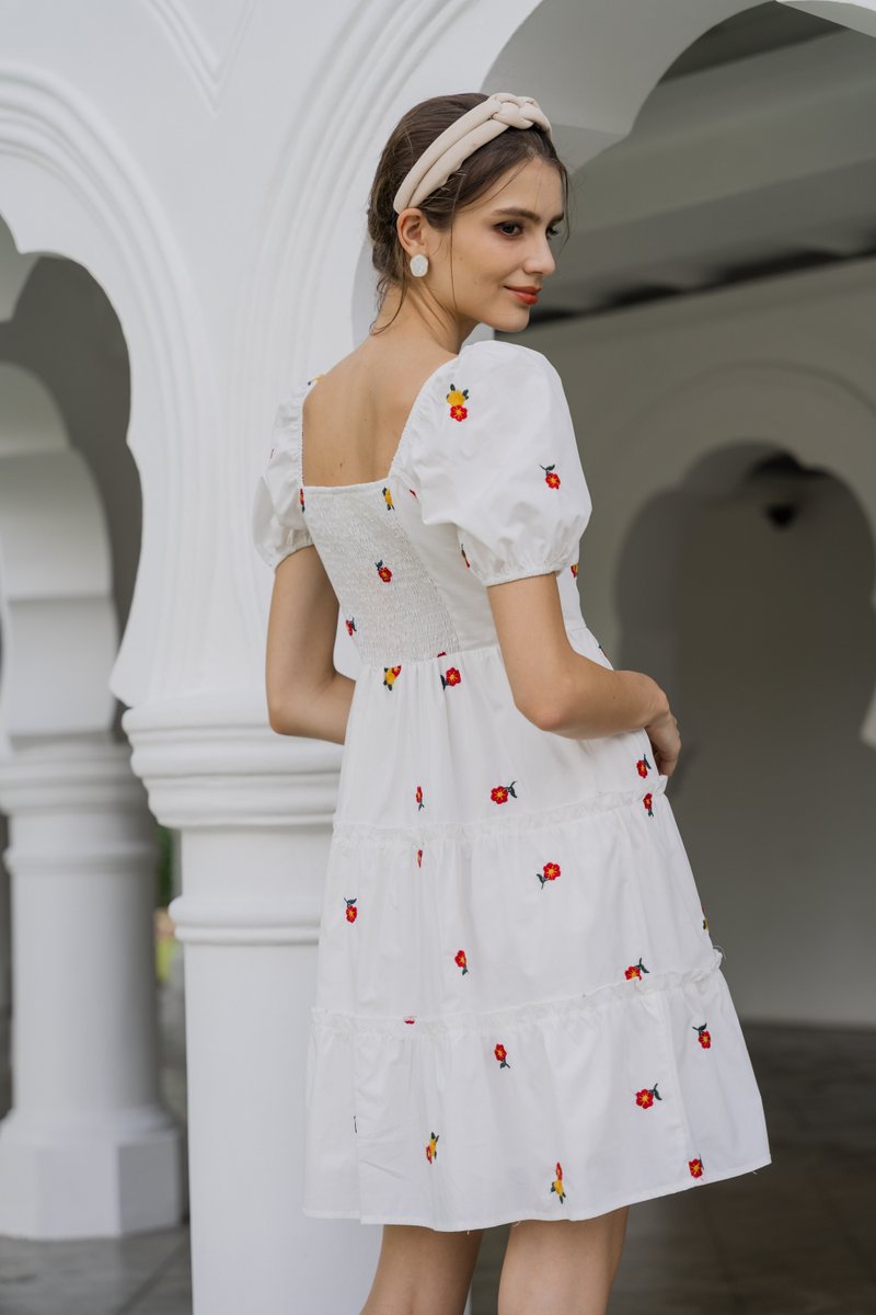 Dalia Puff Sleeves Embroidery Dress In White