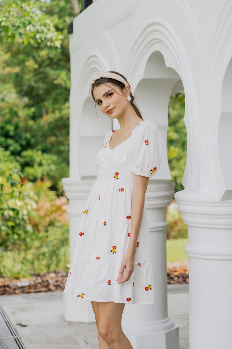Dalia Puff Sleeves Embroidery Dress In White