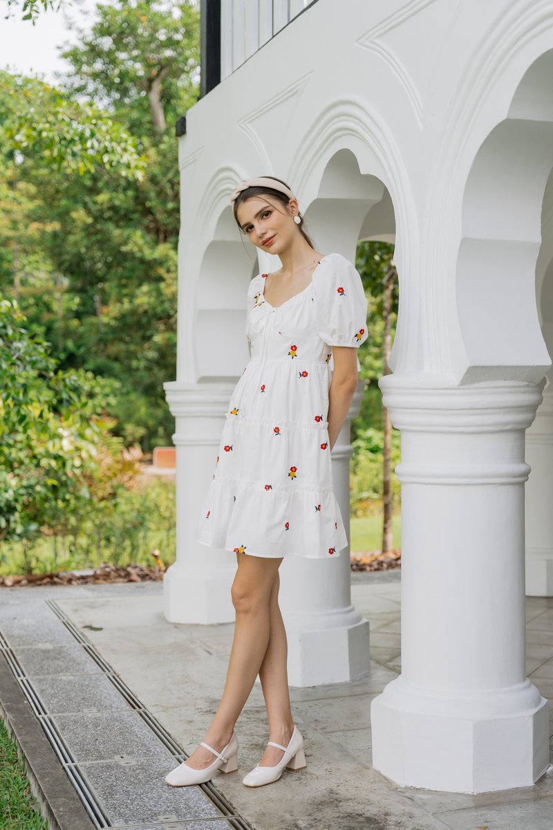 Dalia Puff Sleeves Embroidery Dress In White
