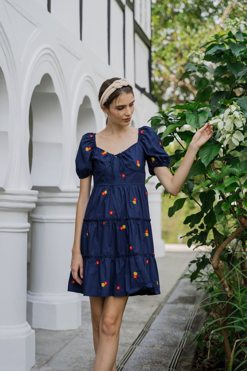 Dalia Puff Sleeves Embroidery Dress In Navy