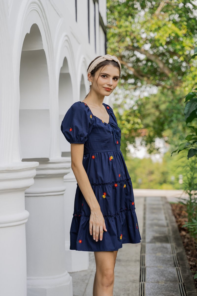 Dalia Puff Sleeves Embroidery Dress In Navy