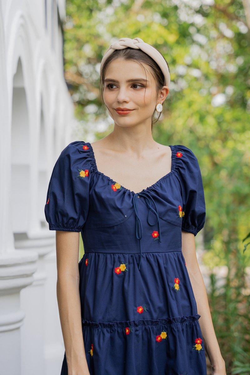 Dalia Puff Sleeves Embroidery Dress In Navy
