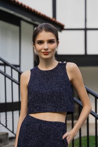 Yvette Tweed Button Top In Navy