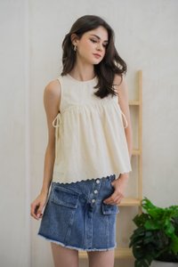 Lilith Side Ribbon Eyelet Top In Cream (XL)