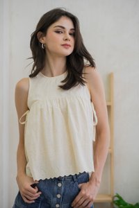 Lilith Side Ribbon Eyelet Top In Cream (XL)