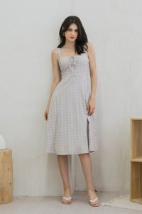 Zella Tie Ribbon Eyelet Midi Dress In Grey (XS)