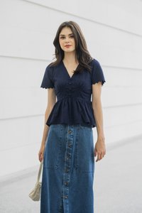 Layana Button Empire Babydoll Top In Navy (XS)