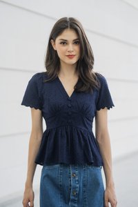 Layana Button Empire Babydoll Top In Navy (XS)