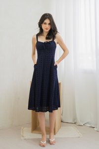 Zella Tie Ribbon Eyelet Midi Dress In Navy (XS)