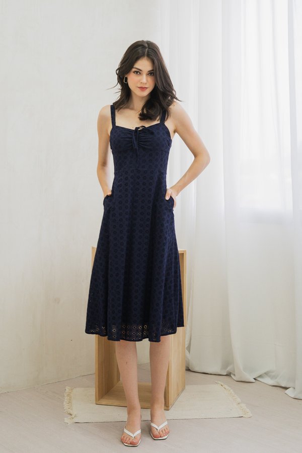 Zella Tie Ribbon Eyelet Midi Dress In Navy (XS)
