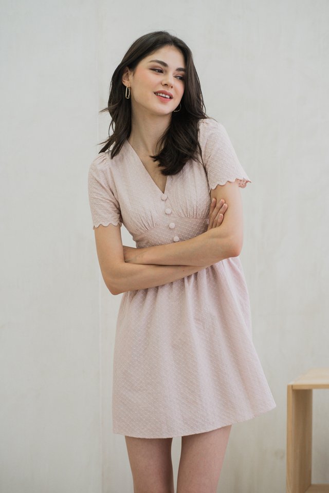 Layana Eyelet Empire Button Dress In Blush Pink