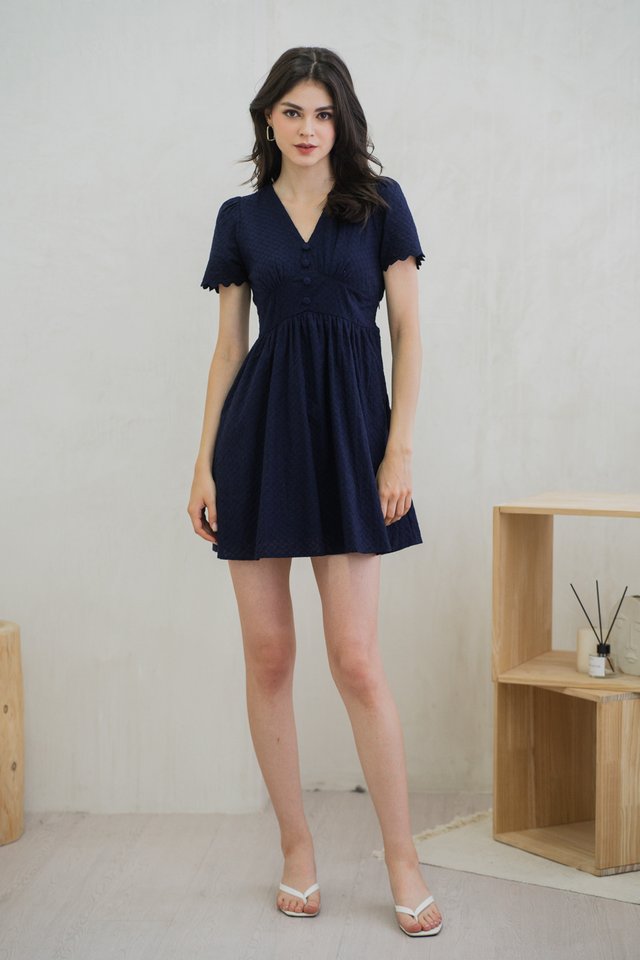 Layana Eyelet Empire Button Dress In Navy