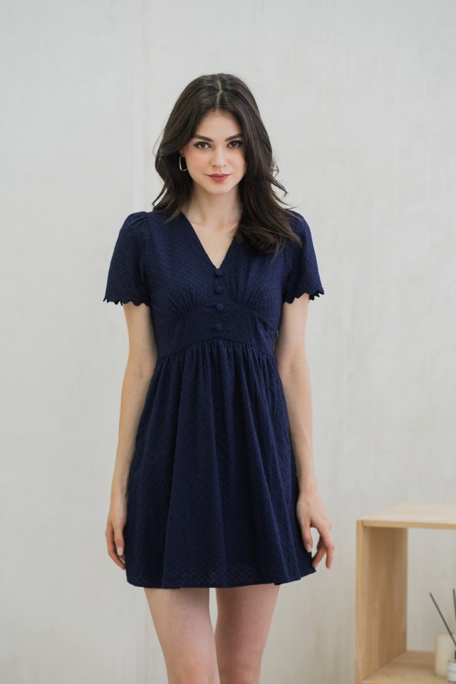 Layana Eyelet Empire Button Dress In Navy