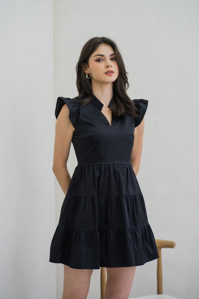 Amy Mandarin Collar Tiered Dress In Black
