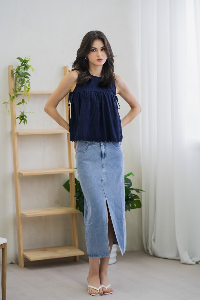 Lilith Side Ribbon Eyelet Top In Navy