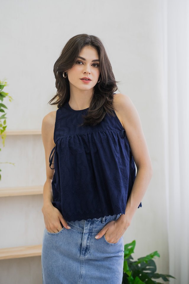 Lilith Side Ribbon Eyelet Top In Navy