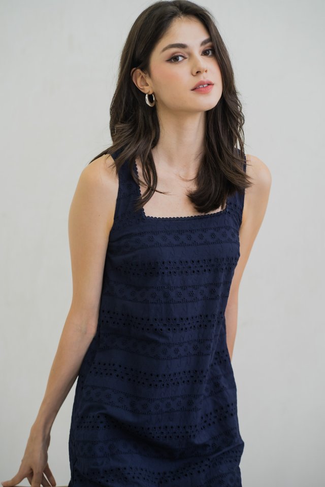 Renata Eyelet Sleeveless Dress In Navy