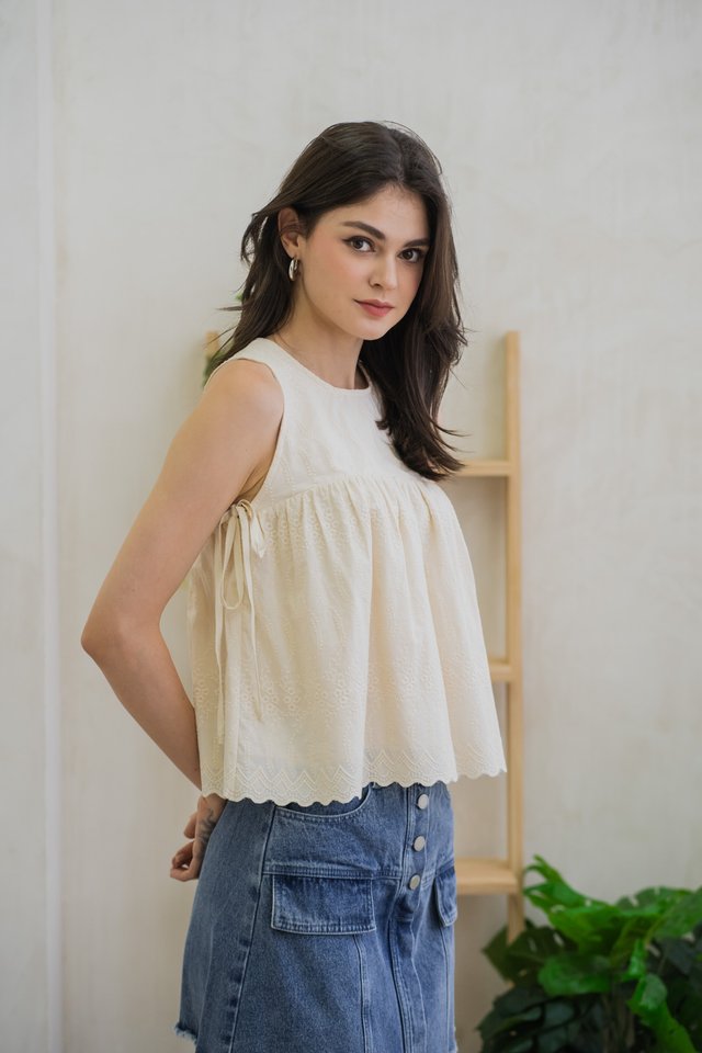 Lilith Side Ribbon Eyelet Top In Cream