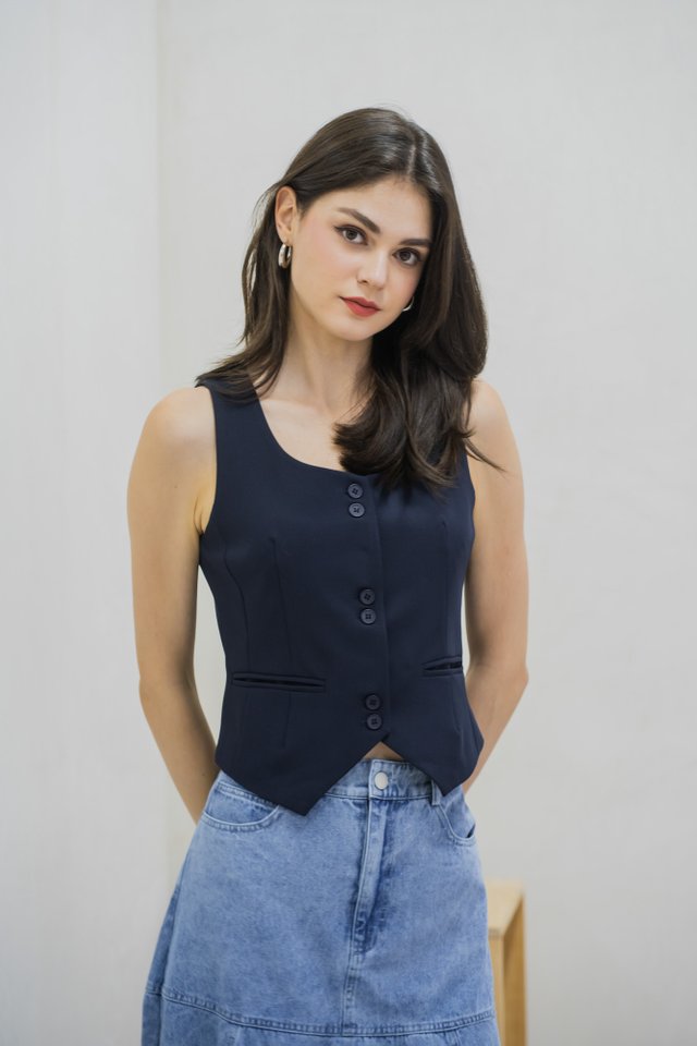 Tiana Vest Duo Button Top In Navy