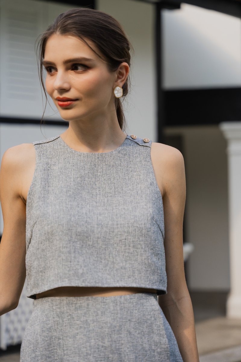 Yvette Tweed Button Top In Grey