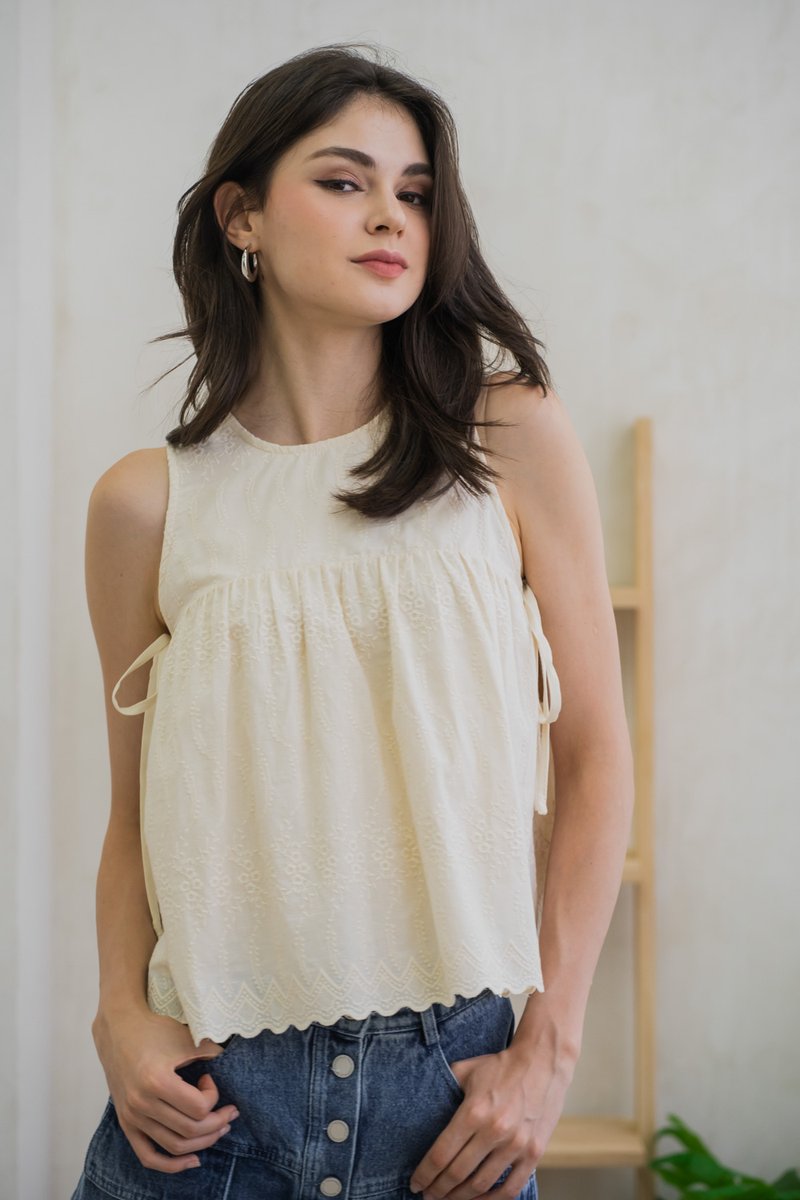 Lilith Side Ribbon Eyelet Top In Cream (XL)