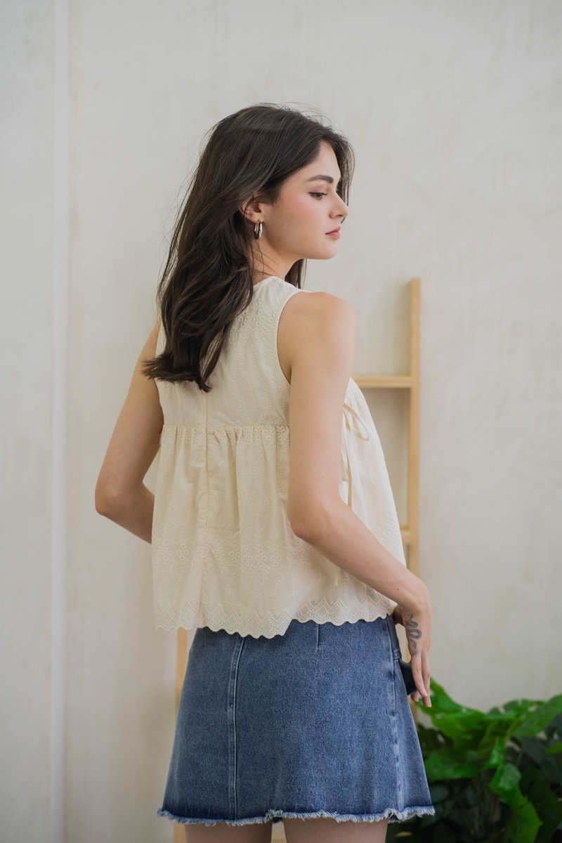 Lilith Side Ribbon Eyelet Top In Cream (XL)