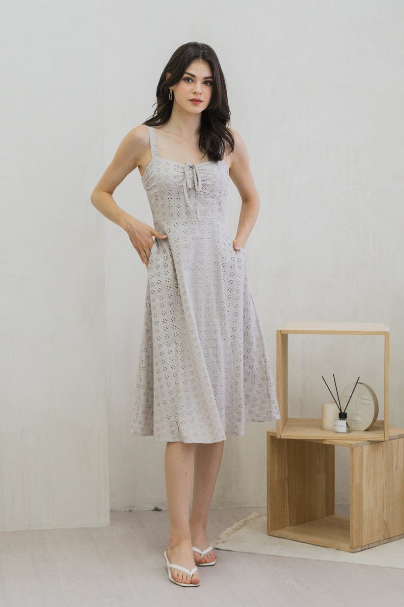 Zella Tie Ribbon Eyelet Midi Dress In Grey (XS)