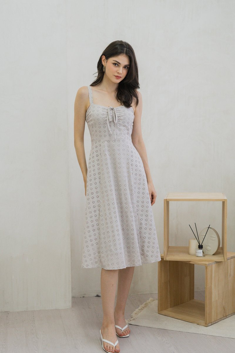 Zella Tie Ribbon Eyelet Midi Dress In Grey (XS)