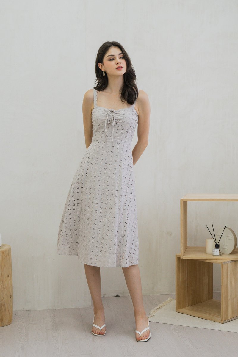 Zella Tie Ribbon Eyelet Midi Dress In Grey (XS)